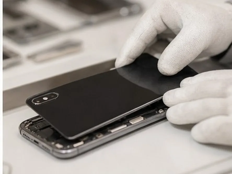 Gloved technician hands fitting a back cover at a tidy SmartFix workbench